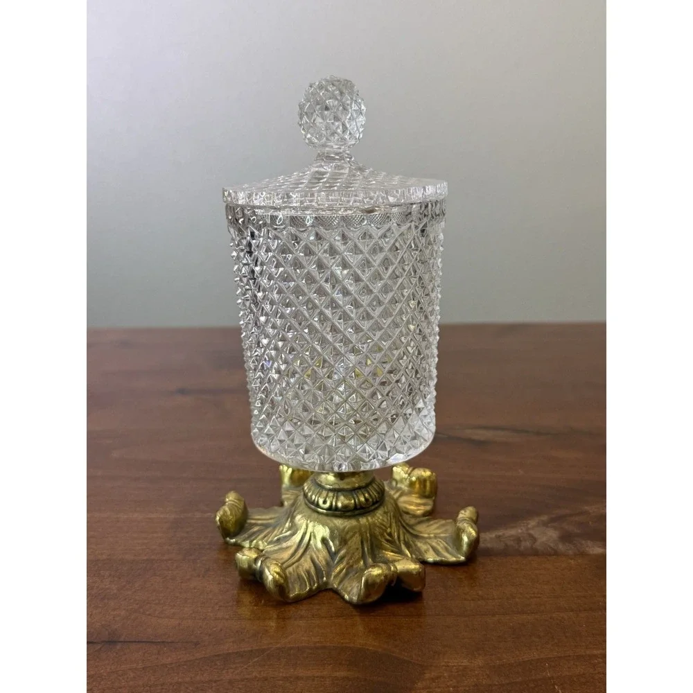 Rare VTG MCM  Diamond Cut Glass Apothecary Jar Hollywood Regency Gold Pedestal